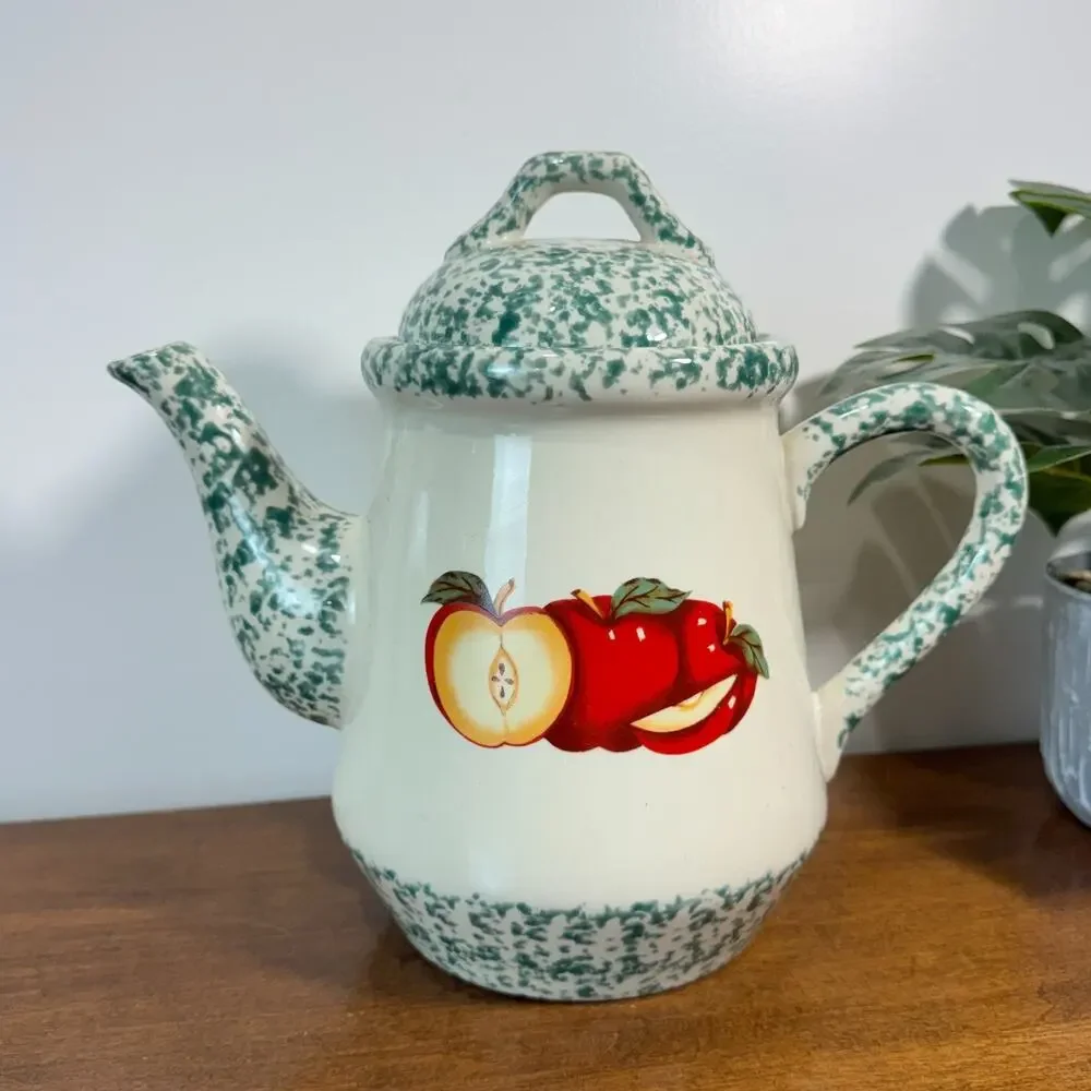 Vintage Apple Green Spongeware Teapot THT 1995 Tenderheart Treasures 9
